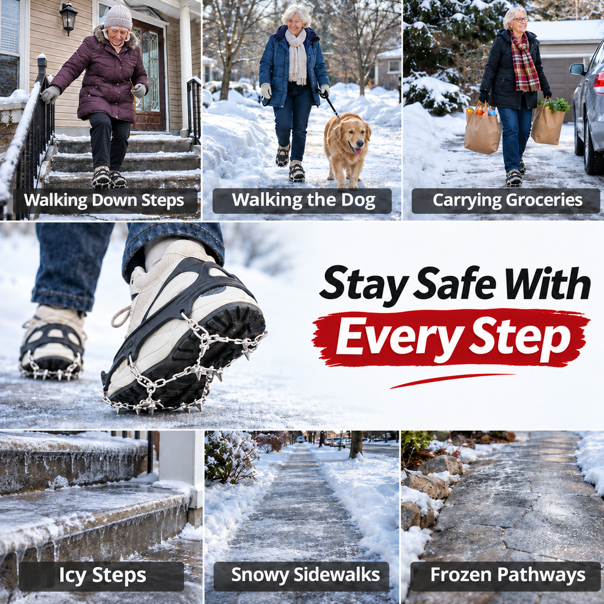 SlipGuard winter safety situations: steps, walking the dog, groceries, icy sidewalks